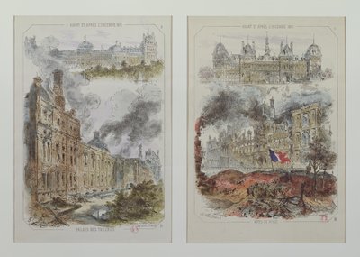 Widoki na Pałac Tuileries i Hotel de Ville przed i po pożarach w 1871 r. autorstwa Victor Coindre