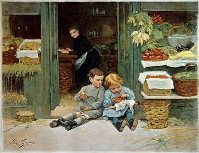 Zwiedź go. Dziecko je tosty przed sklepem spożywczym matki. Mała dziewczynka ma na kolanach lalkę. Obraz Victora Gilberta (1847-1935). Paryż, Sztuka Dekoracyjna autorstwa Victor Gabriel Gilbert
