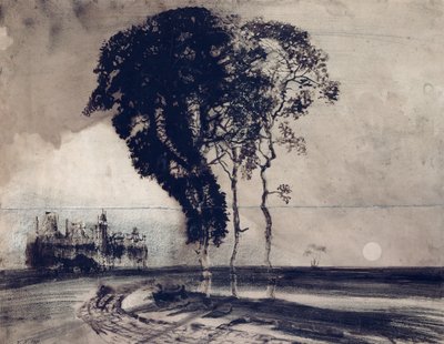 Pejzaż z trzema drzewami, 1850 (węgiel, długopis, tusz i pranie na papierze) autorstwa Victor Hugo