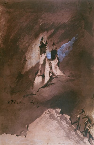 Wspomnienie zamku w Wogezach, 1857 (pióro i atrament, pranie i gwasz na papierze) autorstwa Victor Hugo
