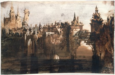 Miasto ze zerwanym mostem (grafit, tusz indyjski i sepia na papierze) autorstwa Victor Hugo