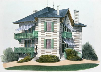 Dom w Etretat, ilustracja z „Habitations Champetres” wydanej w Paryżu, ok. 1895 (chromolitho) autorstwa Victor Jean Baptiste (after) Petit