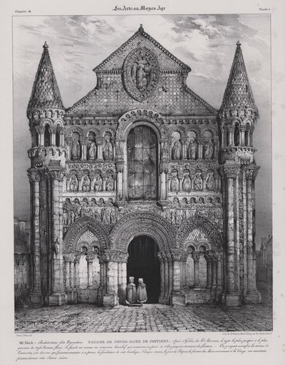 Romańska fasada kościoła Notre Dame la Grande, Poitiers, Francja (lito) autorstwa Victor Jean Baptiste (after) Petit