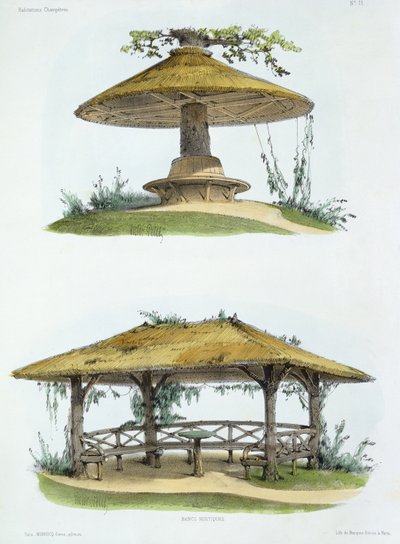 Ławki rustykalne, z „Habitations Champetres”, wydana ok. 1855 (chromolitografia) autorstwa Victor Jean Baptiste Petit