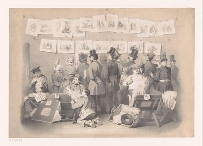 Titelprent met interieur van een prentenwinkel Muzeum Śmiechu (tytuł serii) Wyświetlacz (tytuł serii) autorstwa Victor Jean François Dollet