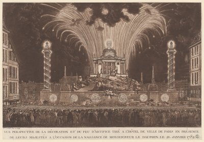 Dekoracje i fajerwerki... narodziny Monseigneur le Daufin (Fajerwerki z okazji narodzin delfina) autorstwa Victor Jean Nicolle