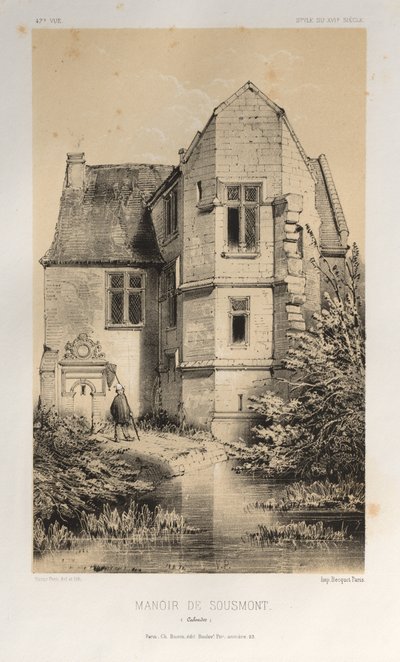Malownicza architektura lub zabytki XV wieku. I XVI. Wieki: Zamki francuskie XV i XVI wieku: Plac 47, Manoir De Sousmont (Calvados) autorstwa Victor Petit