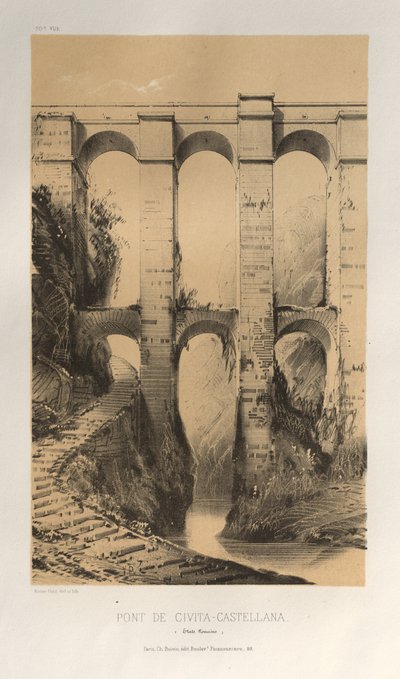 Malownicza architektura lub zabytki XV wieku. I XVI. Wieki: Zamki Francji XV i XVI wieku: Plac 50, Pont De Civita-Castellana (Stany Rzymskie) autorstwa Victor Petit