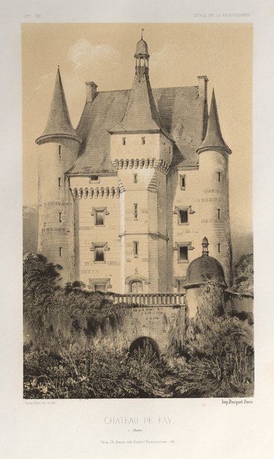 Malownicza architektura lub zabytki XV wieku. I XVI. Wieki: Zamki Francji XV i XVI wieku: Plac 52, Château De Fay (Maine) autorstwa Victor Petit
