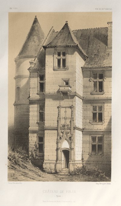 Malownicza architektura lub zabytki XV wieku. I XVI. Wieki: Zamki Francji XV i XVI wieku: Plac 62, Château De Folin (Yonne) autorstwa Victor Petit
