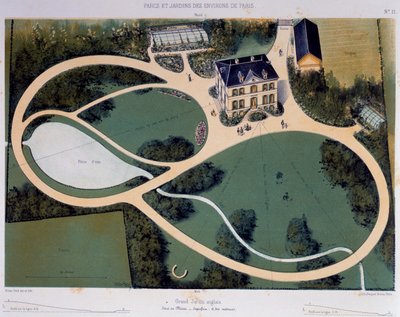 Duży ogród angielski o powierzchni 6300 metrów kwadratowych, ilustracja zaczerpnięta z Parcs et Jardins des environs de Paris (Parki i ogrody wokół Paryża), ok. 1850, Litografia Victora Petita (1818-1871), Francja autorstwa Victor Petit