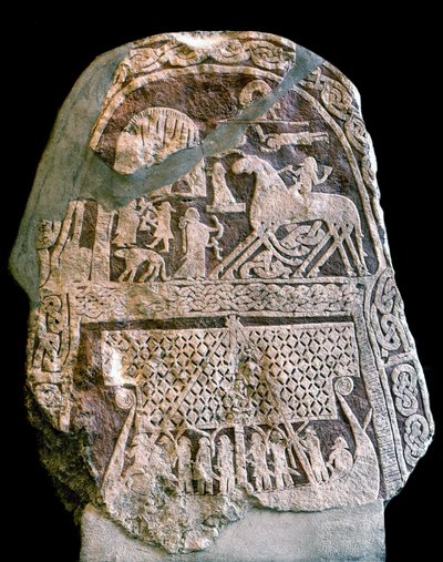 Runestone depicting Wotan (Odin) on his eight-legged horse Sleipnir, boarding a Viking longship (stone) autorstwa Viking Viking