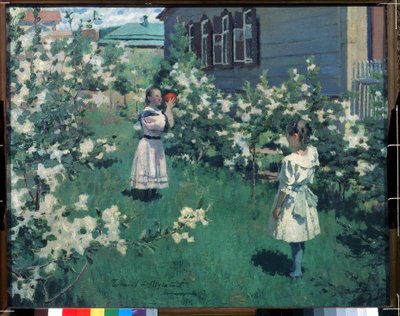 "Fleurs de mai" (majowe kwiaty) Małe dziewczynki wiosną grają w piłkę w ogrodzie kwiatowym. Obraz Viktora Elpidiforovicha Borisov-Musatov (1870-1905) 1894 Państwowa Galeria Trietiakowska, Moskwa autorstwa Viktor Elpidiforovich Borisov Musatov