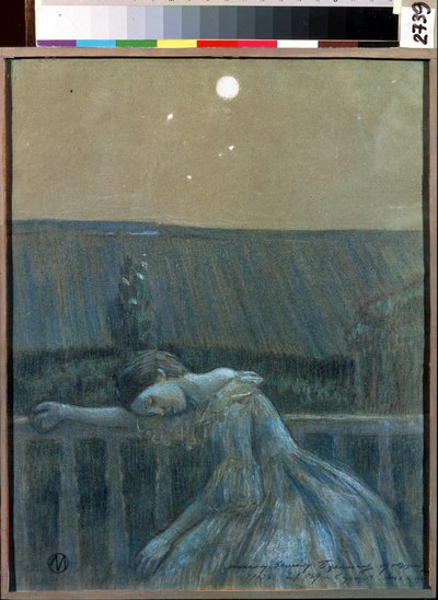 „Smutek” (smutek) Zdesperowana młoda dziewczyna oparta o balustradę. Akwarela i pastel – Viktor (Victor) Elpidiforovich Borisov-Musatov (Borisov Musatov) (1870-1905) (symbolika) 1903 Państwowe Muzeum Historii i Sztuki Serpukhov (Serpukhov). autorstwa Viktor Elpidiforovich Borisov Musatov