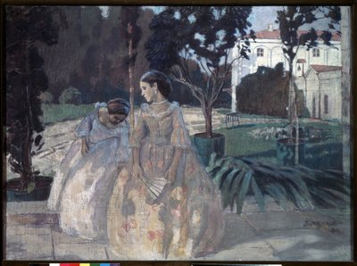 Gobelin. Dwie eleganckie młode kobiety spacerują po ogrodzie zamożnej posiadłości. Obraz Viktora (Victora) Elpidiforovicha Borisova Musatova (Borisov-Musatov) (1870-1905). tempera na płótnie autorstwa Viktor Elpidiforovich Borisov Musatov