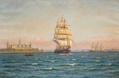 Żaglowce i prom u wybrzeży Kronborg. autorstwa Vilhelm Arnesen