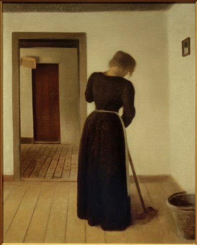 Wnętrze z młodą kobietą zamiatającą autorstwa Vilhelm Hammershoi