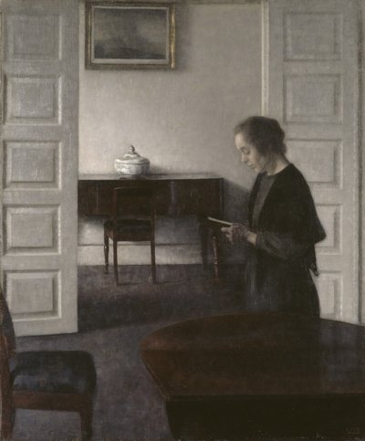 Wnętrze z czytającą damą, ok. 1900 (olej na płótnie) autorstwa Vilhelm Hammershoi
