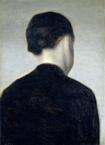 Siedząca postać, widziana z tyłu (Anna Hammershoi) 1884 (olej na płótnie położony na płycie) autorstwa Vilhelm Hammershoi