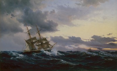 Żaglowce na wzburzonym morzu autorstwa Vilhelm Melbye