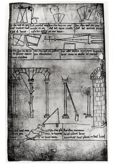 Ms.Fr.19093 fol.20v Figury geometryczne do konstrukcji, łuki i człowiek mierzący wysokość wieży (kopia faksymile) autorstwa Villard de Honnecourt