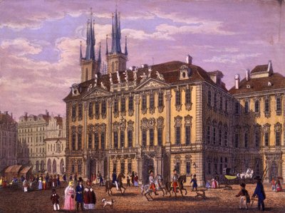 Pałac Goltz-Kinskich (Kinskich), Praga, 1847 (kolorowa staloryt) autorstwa Vincenc and Geissler, F. Morstadt