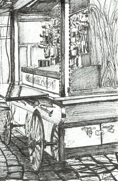 Wózek poza Cheers Bar Boston USA, 2003, (tusz na papierze) autorstwa Vincent Alexander Booth