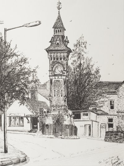 Wieża zegarowa, Hay on Wye, 2007, (tusz na papierze) autorstwa Vincent Alexander Booth