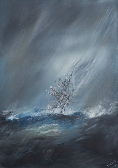 HMS Beagle w sztormie u przylądka Horn 24 grudnia 1832. 2012, (olej na płótnie) autorstwa Vincent Alexander Booth