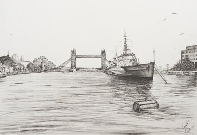 HMS Belfast nad Tamizą Londyn, 2006, (Ink on Paper) autorstwa Vincent Alexander Booth