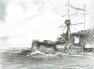 HMS Dreadnought na morzu, 2017, (tusz na papierze) autorstwa Vincent Alexander Booth