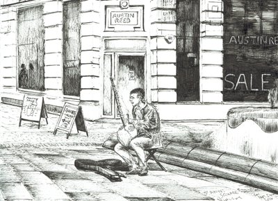 Muzyk na placu św. Anny, 2016, (tusz na papierze) autorstwa Vincent Alexander Booth