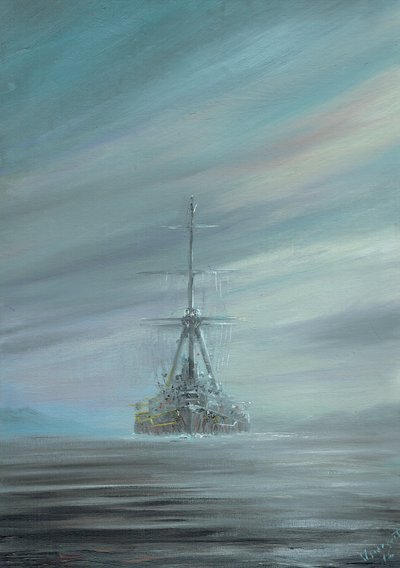 SMS Derfflinger Scapa Flow 1919, 2016, (tusz olejny na płótnie) autorstwa Vincent Alexander Booth