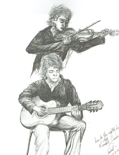 Gitarzysta i skrzypek w kawiarni ósmego dnia Manchester, 2007 autorstwa Vincent Alexander Booth