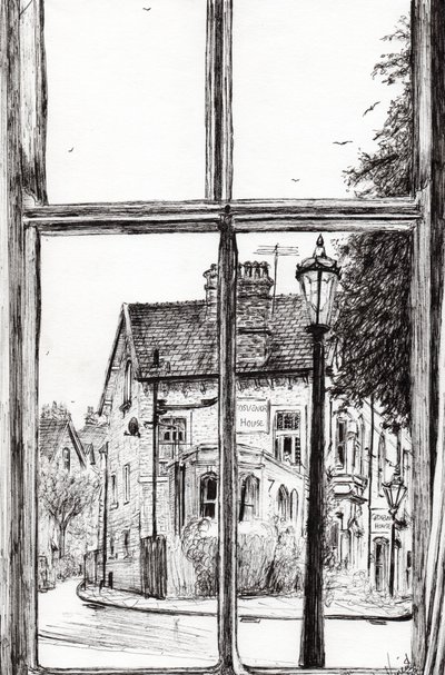 Widok z Old Hall Hotel Buxton, 2009, (tusz na papierze) autorstwa Vincent Alexander Booth