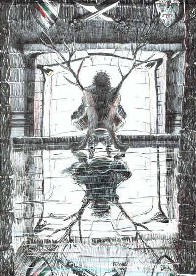 strona 15, Zamek w lesie Findhorn, 2006, (tusz na papierze) autorstwa Vincent Alexander Booth