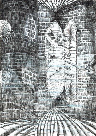 s.23, Zamek w lesie Findhorn, 2006, (tusz na papierze) autorstwa Vincent Alexander Booth