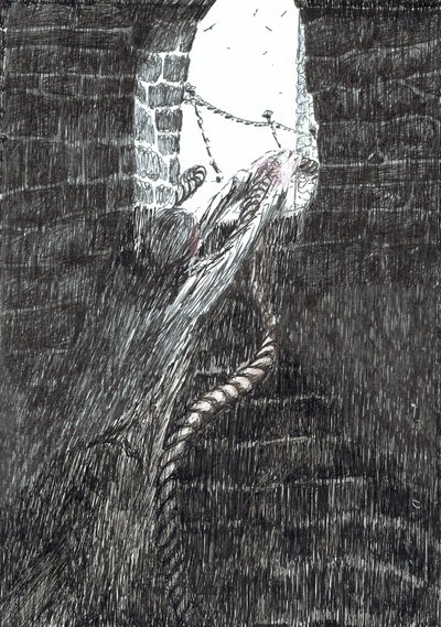 str.33, Zamek w lesie Findhorn, 2006, (tusz na papierze) autorstwa Vincent Alexander Booth
