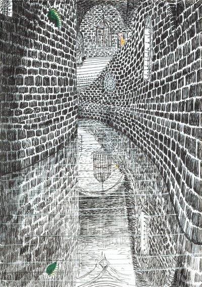 str.35,Zamek w lesie Findhorn, 2006, (tusz na papierze) autorstwa Vincent Alexander Booth