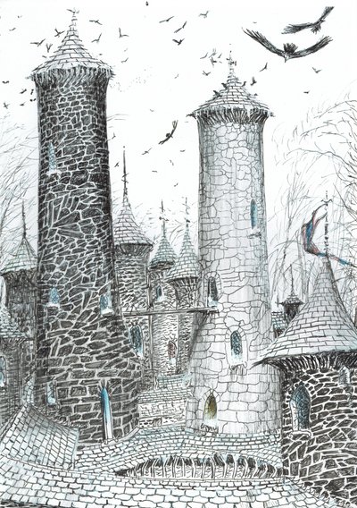 strona 9, Zamek w lesie Findhorn, 2006, (tusz na papierze) autorstwa Vincent Alexander Booth