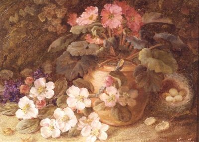 Martwa natura z kwiatem jabłoni, pierwiosnkiem i ptasim gniazdem autorstwa Vincent Clare