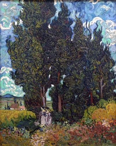 Cyprysy z dwiema postaciami, 1889-1890. autorstwa Vincent van Gogh