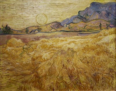 Pole pszenicy ze żniwiarzem i słońcem, 1889 r. autorstwa Vincent van Gogh