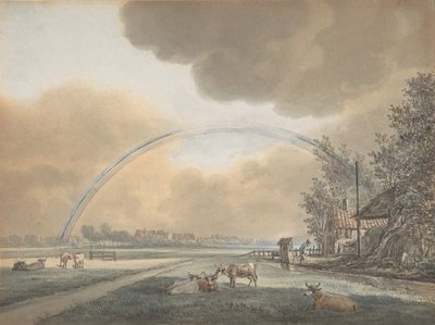 Krajobraz z tęczą nad farmą i odległą wioską, b.d.... autorstwa Vincent Jansz. van der Vinne