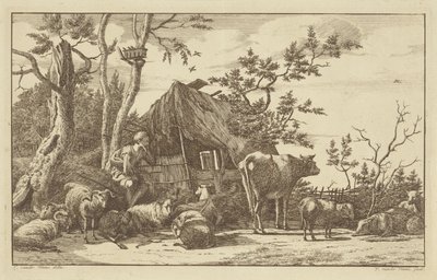 Siedzący pasterz z bydłem przed opuszczoną stodołą autorstwa Vincent Jansz. van der Vinne