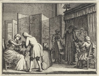 Postacie wokół chorego łóżka i lekarza, który łączy kobietę autorstwa Vincent Laurensz. van der Vinne (II)