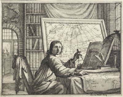 Człowiek z kompasem na mapach autorstwa Vincent Laurensz. van der Vinne (II)