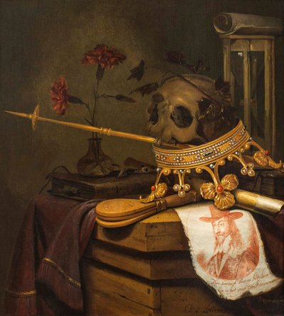 Martwa natura Vanitas z czaszką, koroną, berłem, fletem, miechem, klepsydrą, goździkami w szklanym wazonie, zwojem, książką i grawerowanym portretem Karola I autorstwa Vincent Laurensz van der Vinne
