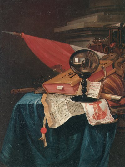 Martwa natura Vanitas z artystą przy sztalugach odbitą w kryształowej kuli autorstwa Vincent Laurensz van der Vinne