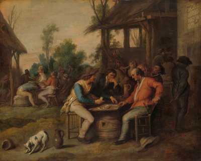 Dwóch mężczyzn przy kartach poza wiejskim zajazdem autorstwa Vincent Malò (II) (attributed to)
